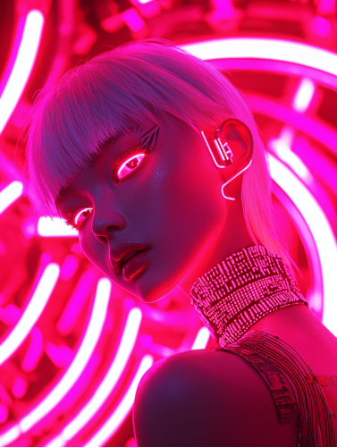 Talking in futuristic club with stylish cybernetic features