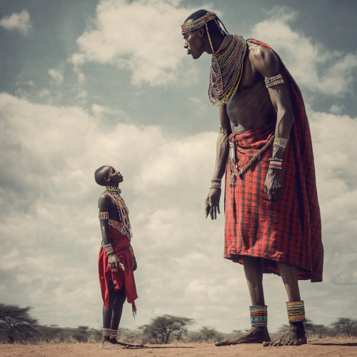 Tall Maasai tribe members perform traditional height-boosting dance.