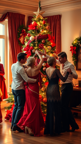 Tango Dancers Decorating a Christmas Tree Indoors