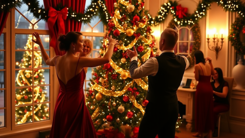 Tango Dancers Decorating an Indoor Christmas Tree