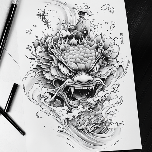 Tattoo sketch of old Japanese samurai yokai