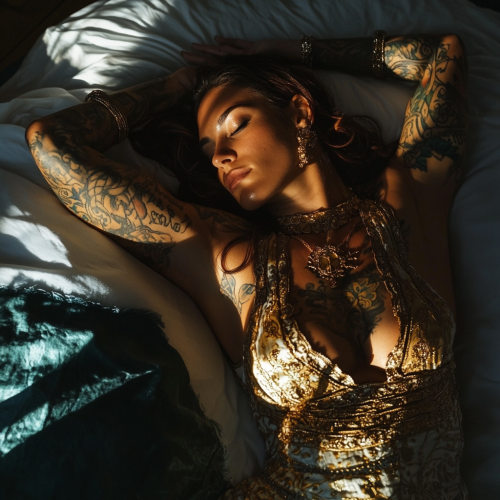 Tattooed Magician Woman Performs Magic in Hellenic Attire