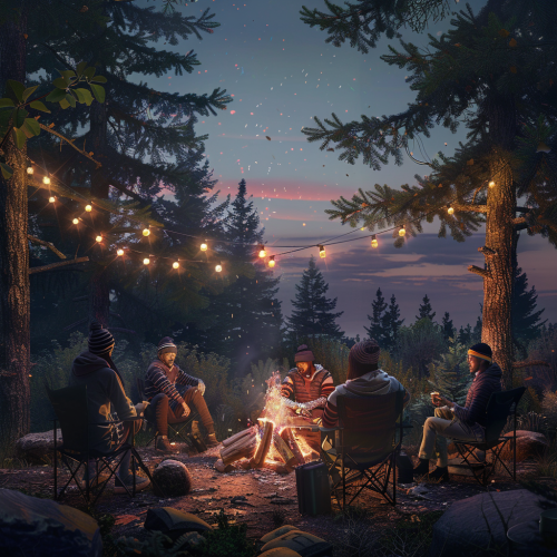 Team Gathered around Twilight Bonfire in Forest