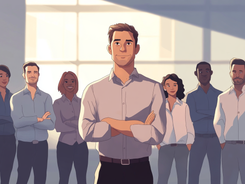 Team leader confidently stands with diverse team members
