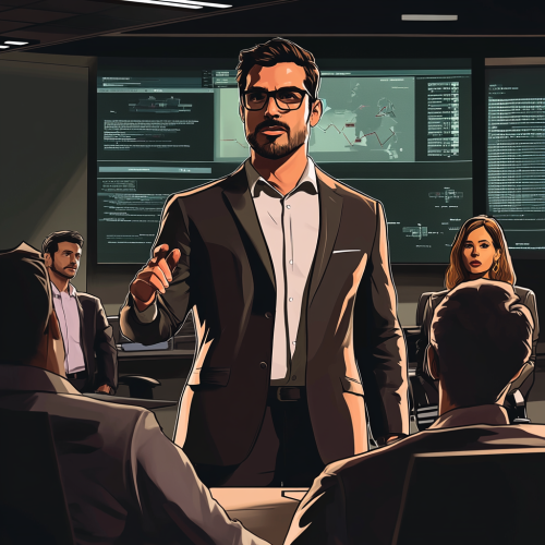 Team leader training new analysts in sleek office