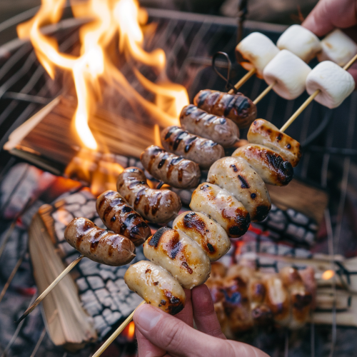 Sausages and marshmallows by bonfire