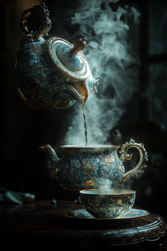 Teapot pouring tea into cup on dark background