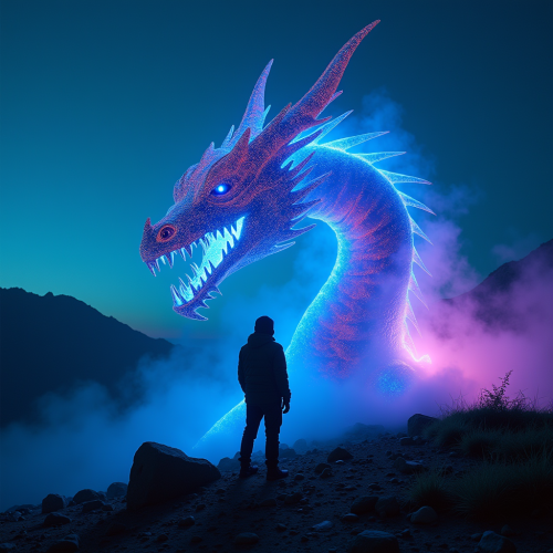 Tech-Head Dragon atop Mountain in Neon Glow