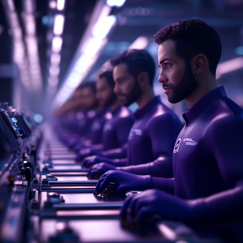 Technician adjusts settings while diverse people on conveyor