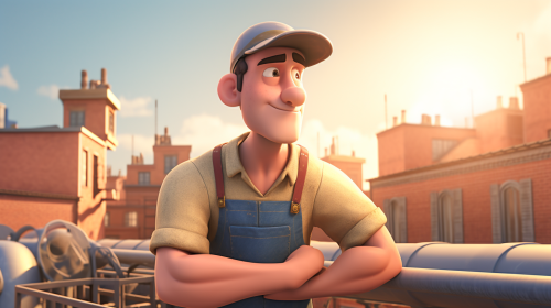 Technician fixing HVAC unit on rooftop in city