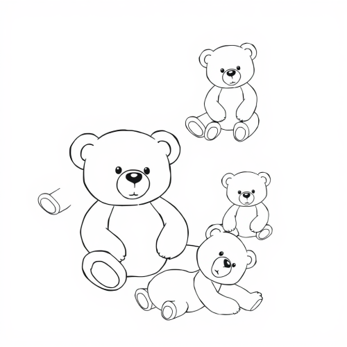 Teddy bears in different poses, black and white.
