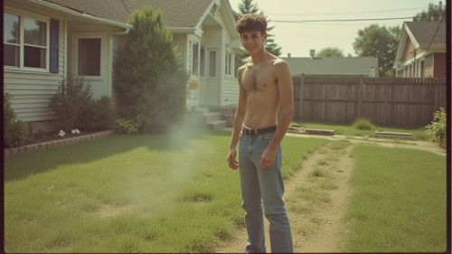 Teen Boy Doing Yard Work in 1980s Suburb