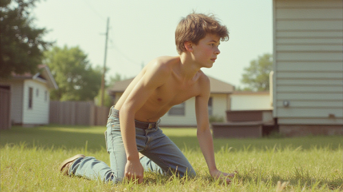 Teen Doing Yard Work in 80s Suburb