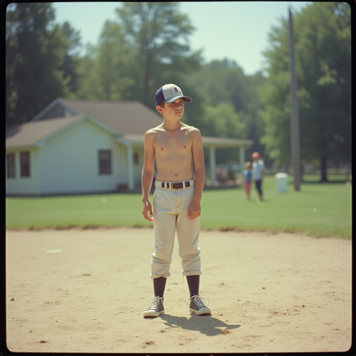 Teen Playing Baseball in 1980s Suburb Summer
