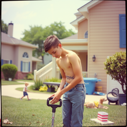 Teen Working in a 1980s Suburban Summer Yard