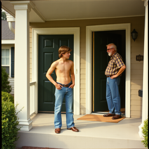 Teen and Old Man Chatting on 1970s Porch