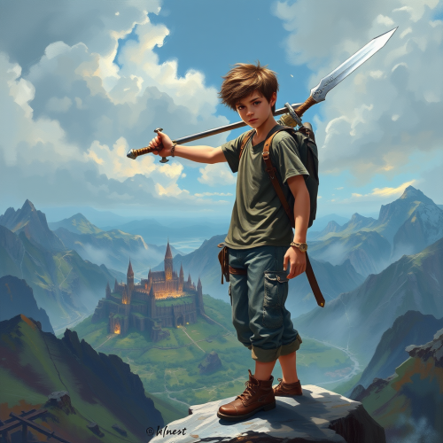 Teenage Boy Overlooking Fantasy Realm with Sword