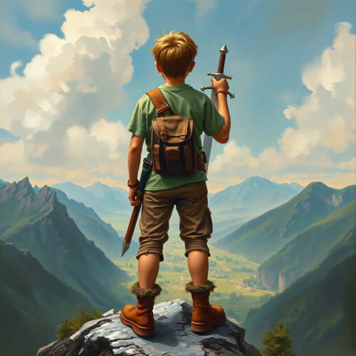 Teenage Boy Overlooking Fantasy Realm with Sword