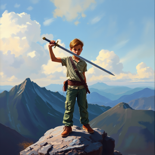 Teenage Boy With Sword on Mountain Top