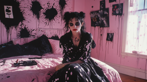 Teenage Lydia in goth clothes in pink room