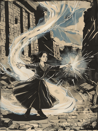 Teenage Wizard Apprentice Casting Spell in Ancient City