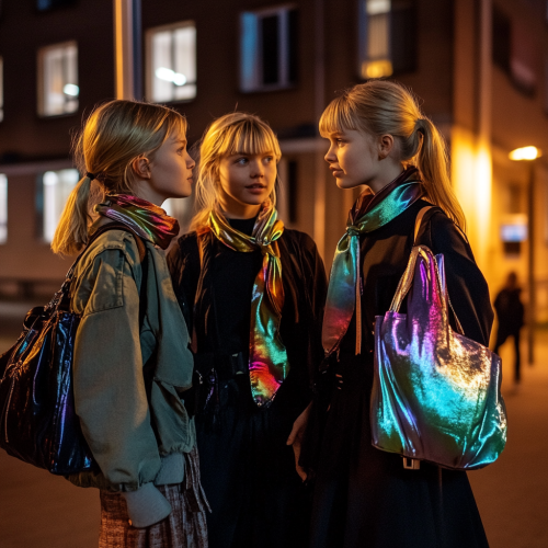Teenage girls chat outside school in evening