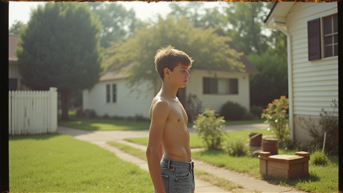 Teenager Doing Yard Work in 1980s Suburb Photo