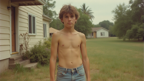 Teenager Doing Yard Work in 1980s Suburb