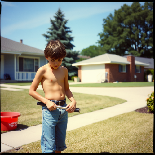 Teenager Doing Yard Work in 1980s Suburb