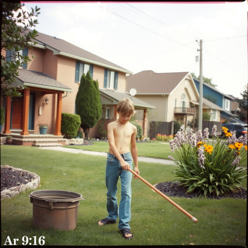 Teenager Doing Yard Work in 1980s Suburb