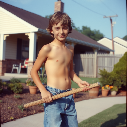 Teenager Doing Yard Work in 1980s Suburb
