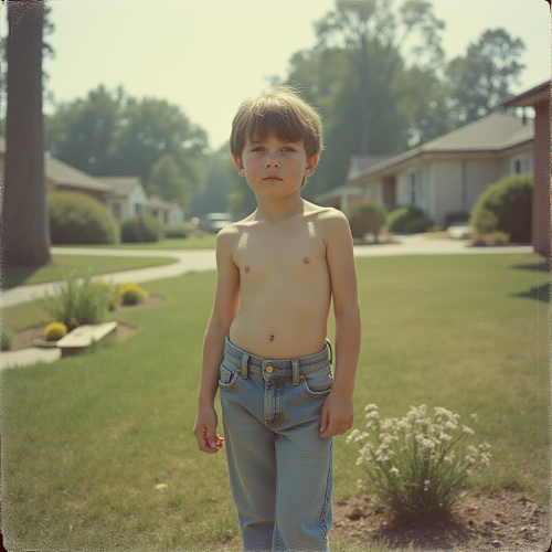 Teenager Doing Yard Work in 1980s Suburb