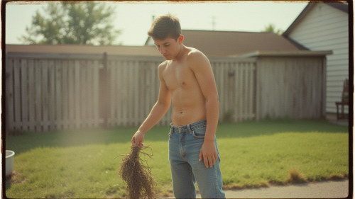 Teenager Doing Yard Work in 1980s Suburb