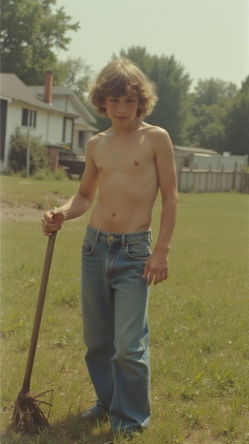 Teenager Doing Yard Work in 1980s Suburb