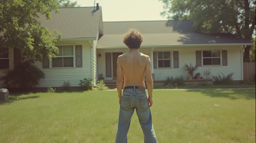 Teenager Doing Yard Work in 1980s Suburb