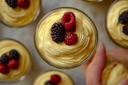 Tempting Vanilla Pots De Creme with fresh berries. Tempting Vanilla Pots De Creme with fresh berries.
