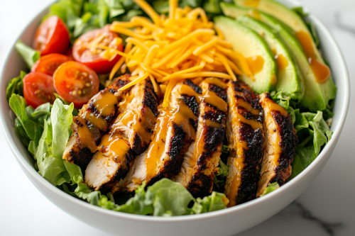 Tempting gourmet salad with blackened chicken on marble countertop.