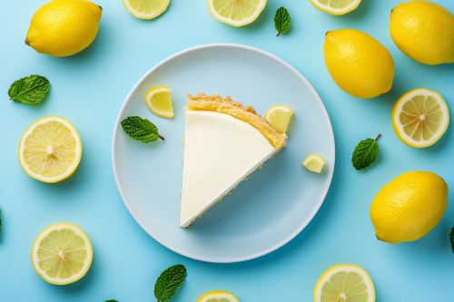 Tempting lemon pie on elegant plate with sliced lemons