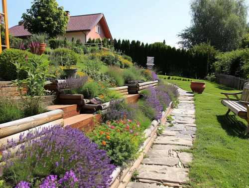 Terraced garden supported by wooden walls and flower beds.