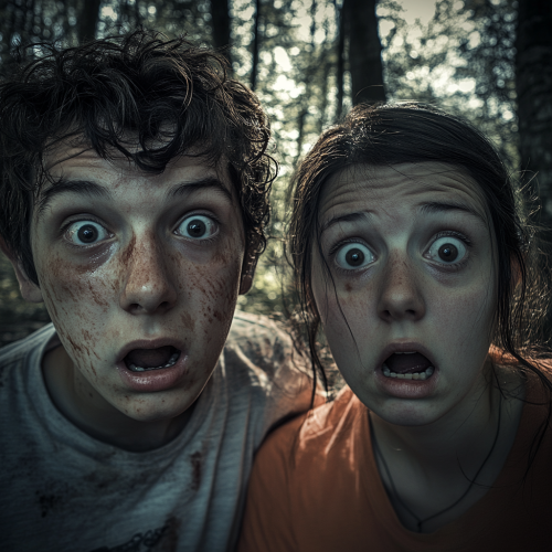 Terrified Teenagers in Bright Forest