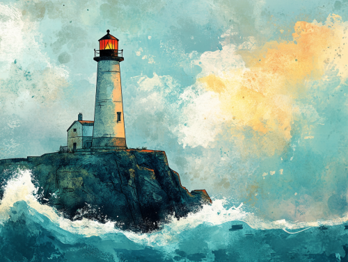 The Ancient Lighthouse on Cliff, Waves Crashing Strongly The Ancient Lighthouse on Cliff, Waves Crashing Strongly