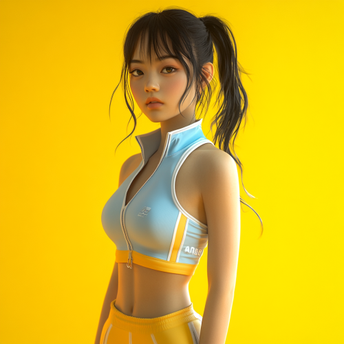The Asian sports model girl on yellow background.