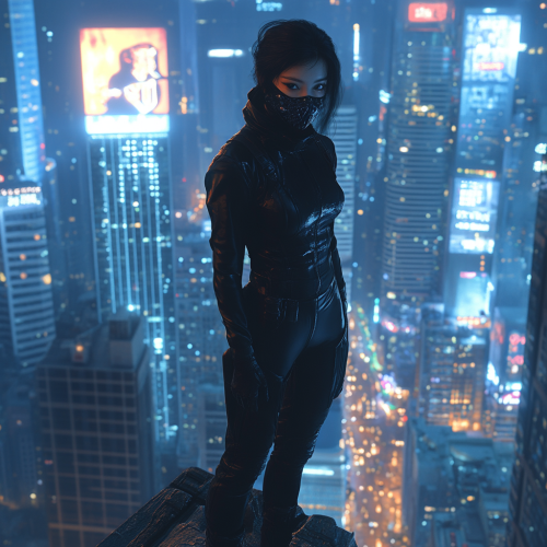 The Asian superhero in dragon mask on building ledge