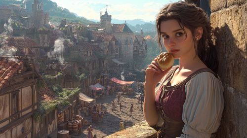 The Auburn Haired Woman Eating in Medieval Town