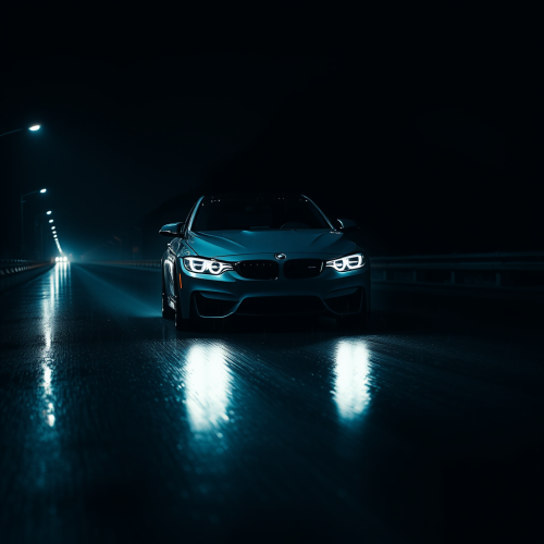 The BMW M4 Driving on a Wet Night Road