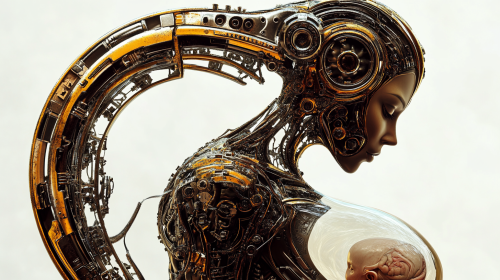 The Beautiful Pregnant Android Woman with Mechanical Legs