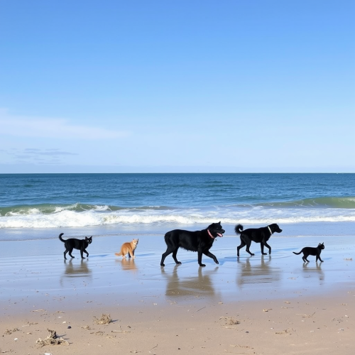 The Black Dogs and Cats on Beach