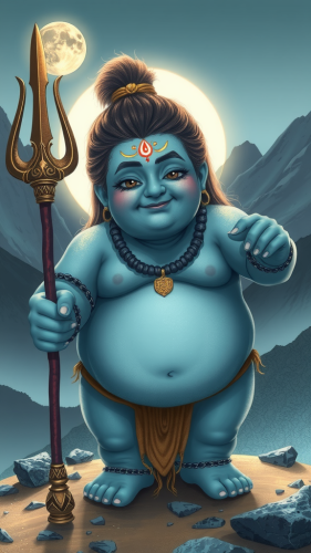 The Blue Chubby Man with Trident and Moonlight