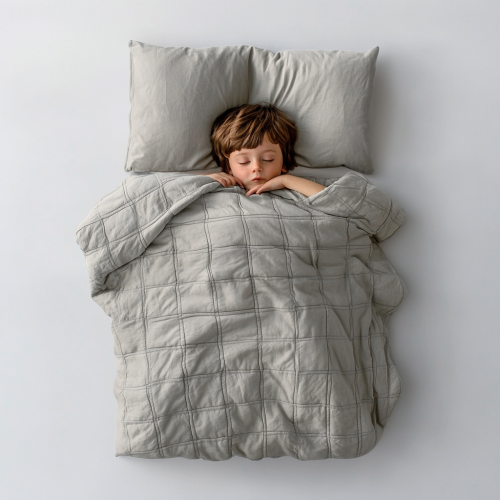 The Boy Sleeping in a Grey Quilted Bed