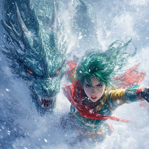 The Brave Superheroine Battles Icy Dragon in Snowy Landscape